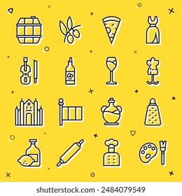 Set line Paint brush with palette, Grater, Mannequin, Slice of pizza, Bottle olive oil, Violin, Barrel for wine and Wine glass icon. Vector