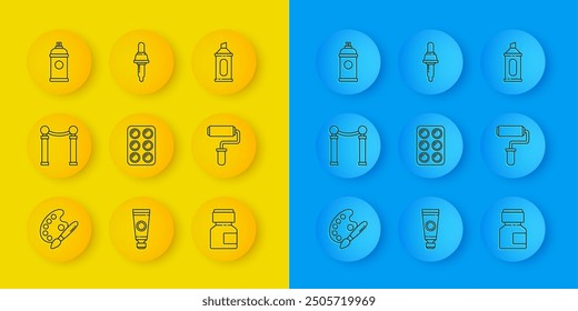 Set line Paint brush with palette, Exhibition of paintings, Watercolor paints box, Paint, gouache, jar, dye, roller, spray can, Marker pen and Pipette icon. Vector