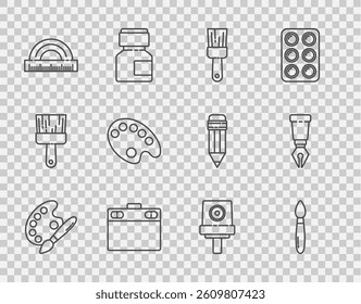 Set line Paint brush with palette, Graphic tablet, Protractor, Palette, Spray can nozzle cap and Fountain pen nib icon. Vector