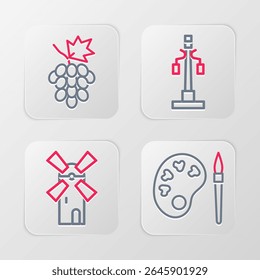 Set line Paint brush with palette, Windmill, Street light and Grape fruit icon. Vector