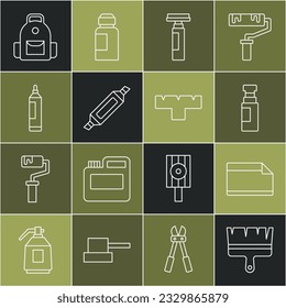 Fijar la línea Pincel de pintura, pegatina adhesiva de papel, bolígrafo de marcador, mochila de escuela e icono de adjunto. Vector