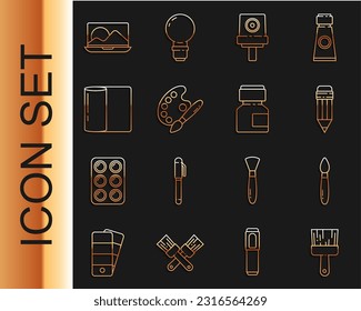 Set line Paint brush, Pencil with eraser, Spray can nozzle cap, palette, Paper towel roll, Laptop and Paint, gouache, jar, dye icon. Vector