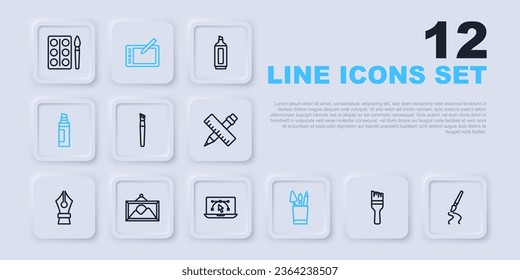 Set line Paint brush, Pencil case stationery, Marker pen, Picture landscape, Graphic tablet and Computer with design program icon. Vector