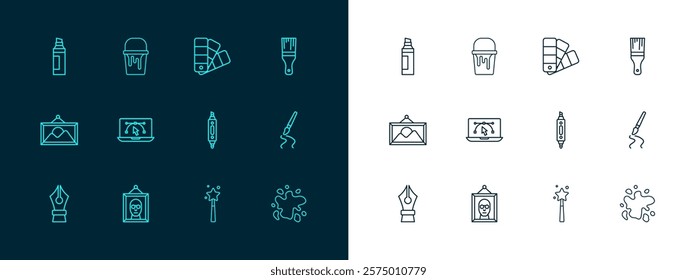 Set line Paint brush, Picture, Marker pen, Magic wand, Computer with design program, Color palette guide,  and bucket icon. Vector