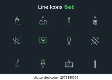 Set line Paint brush, Picture landscape, Crossed ruler pencil, Computer with design program and  icon. Vector