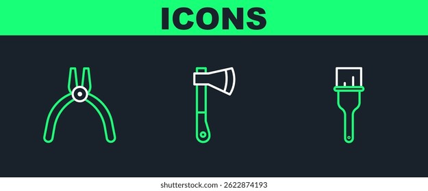 Set línea Pincel de pintura, herramienta Alicates e icono de Hacha de madera. Vector