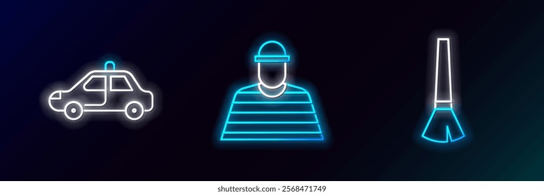 Set line Paint brush, Police car and flasher and Prisoner icon. Glowing neon. Vector