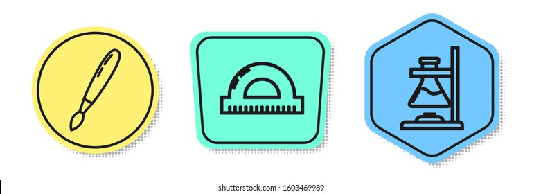 Set line Paint brush, Protractor grid for measuring degrees and Glass test tube flask on fire. Colored shapes. Vector