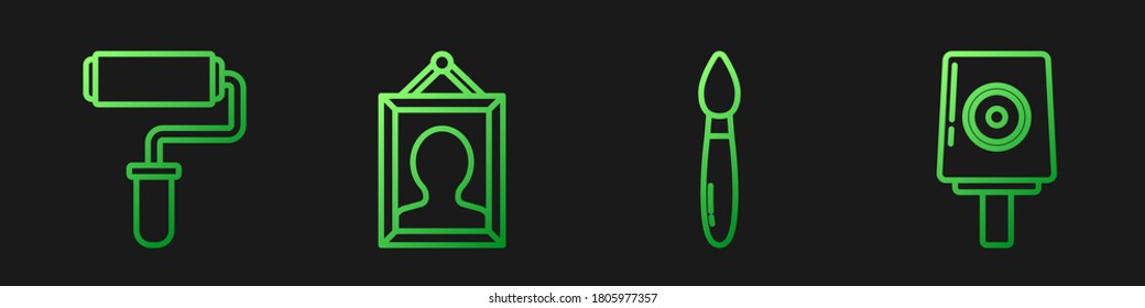 Set line Paint brush, Paint roller brush, Picture and Spray can nozzle cap. Gradient color icons. Vector