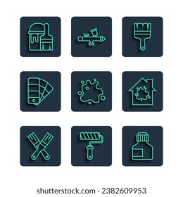Set line Paint brush, roller, Paint, gouache, jar, dye, spray, Color palette guide, bucket with and Painting the house icon. Vector