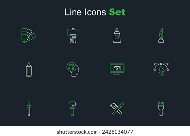 Pincel de pintura, rodillo, paleta de selector de color de cuentagotas, curva de Bézier, computadora con programa de diseño, spray e icono de pluma de marcador. Vector