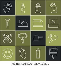 Set line Paint brush, Security camera, Spray can nozzle cap, spray, Marker pen,  and Paper adhesive sticker icon. Vector