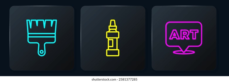 Set line Paint brush, Speech bubble with text art and Marker pen. Black square button. Vector