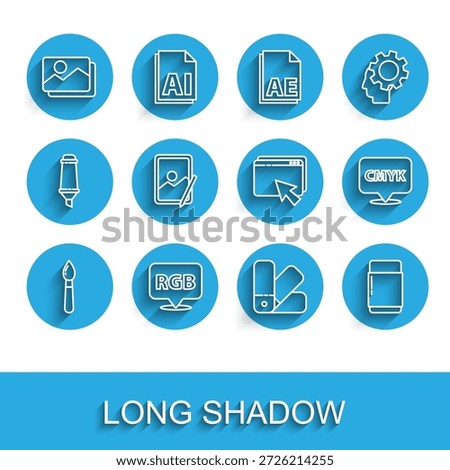 Set line Paint brush, Speech bubble with RGB and CMYK, Picture landscape, Color palette guide, Eraser rubber, Graphic tablet, text and Web design development icon. Vector