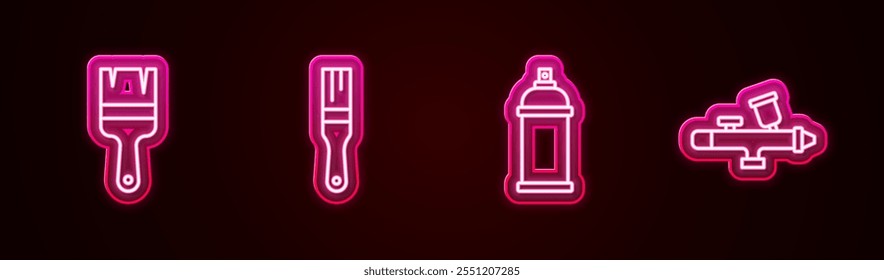 Set line Paint brush, spray can and gun. Glowing neon icon. Vector