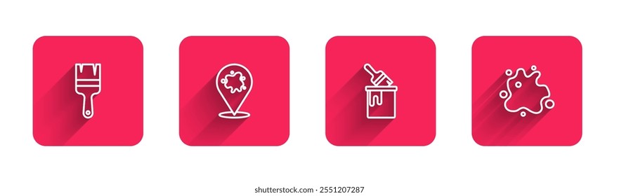 Set line Paint brush, spray, bucket with and  with long shadow. Red square button. Vector