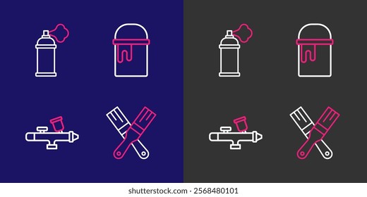 Set line Paint brush, spray gun, bucket and can icon. Vector