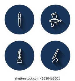 Set line Paint brush, spray gun, Feather and inkwell and  with long shadow. Blue circle button. Vector