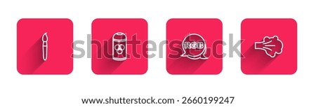 Set line Paint brush, spray can, RGB and  with long shadow. Red square button. Vector