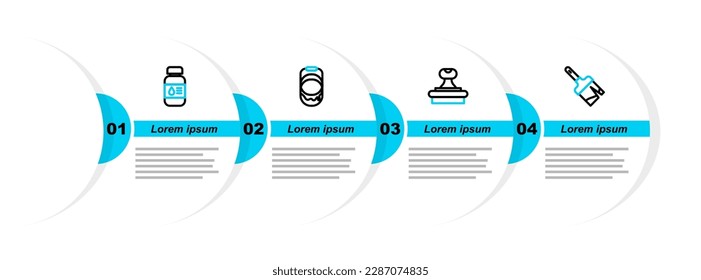 Set line Paint brush, Stamp, bucket and Printer ink bottle icon. Vector
