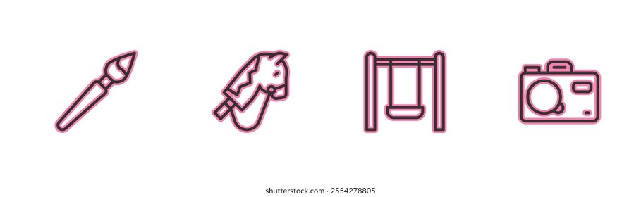Set line Paint brush, Swing, Toy horse and Photo camera icon. Vector