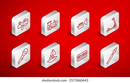 Set line Paint brush, Toy train, Trumpet, Roller scooter, Music synthesizer, Slingshot, boat and Microphone icon. Vector