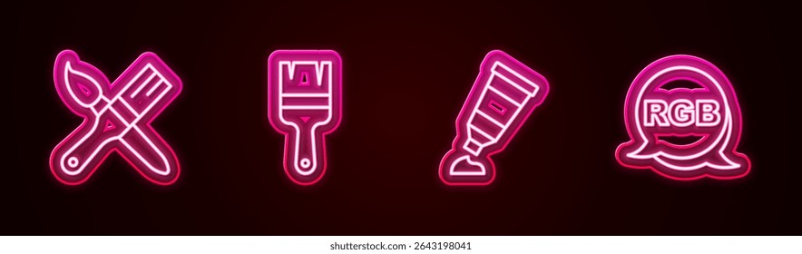 Set line Paint brush, Tube with paint palette and RGB. Glowing neon icon. Vector
