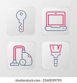 Set line Paint brush, Vacuum cleaner, Laptop and House key icon. Vector