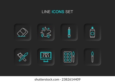 Set line Paint brush, Watercolor paints box, Computer with design program, spray can, Pencil eraser,  and Eraser rubber icon. Vector