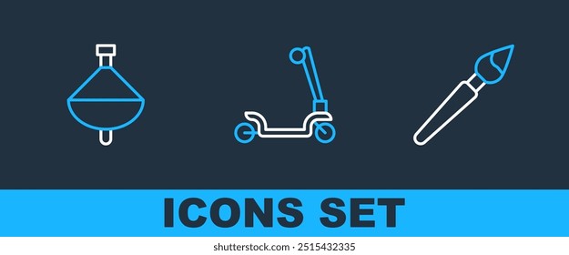 Set line Paint brush, Whirligig toy and Roller scooter icon. Vector