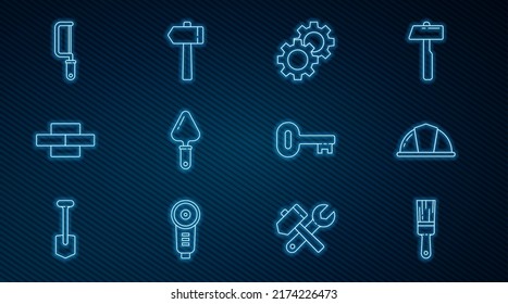 Set line Paint brush, Worker safety helmet, Gear, Trowel, Bricks, Hacksaw, Old key and Hammer icon. Vector
