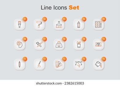 Set line Paint bucket, Bezier curve, Color palette guide, brush, Marker pen, Computer with design program, Pencil case stationery and Inkwell icon. Vector