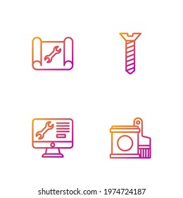 Set line Paint bucket and brush, Computer monitor service, Graphing paper wrench and Metallic screw. Gradient color icons. Vector
