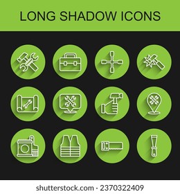Set line Paint bucket and brush, Safety vest, Hammer wrench, Hand saw, Putty knife, Location with,  and  icon. Vector