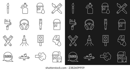 Set line Paint bucket with brush, Car painting, Gas mask, roller,  and  icon. Vector