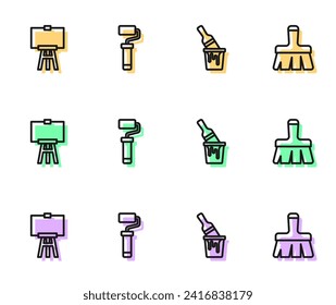 Set line Paint bucket with brush, Wood easel, roller and  icon. Vector