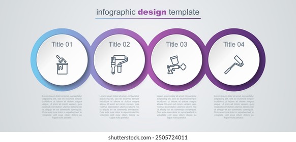 Set line Cubo de pintura con pincel, rodillo, pistola y . Plantilla de infografía de negocios. Vector