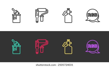 Set line Paint bucket with brush, roller, spray gun and RGB on black and white. Vector