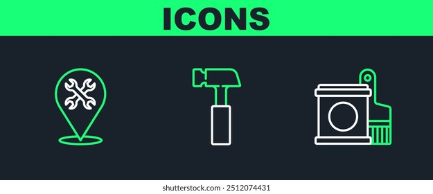 Set line Paint bucket and brush, Location with wrench and Hammer icon. Vector
