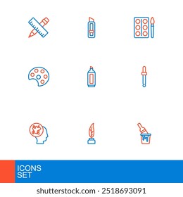 Set line Paint bucket with brush, Feather and inkwell, spray, Eyedropper color picker palette, Palette, Marker pen, Watercolor paints box and Stationery knife icon. Vector