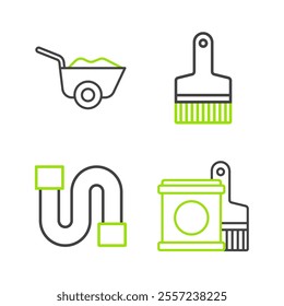 Set line Paint bucket and brush, Industry pipe,  and Wheelbarrow icon. Vector