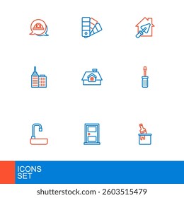 Set line Paint bucket with brush, Closed door, Washbasin, Screwdriver, City landscape, House, trowel and Color palette guide icon. Vector