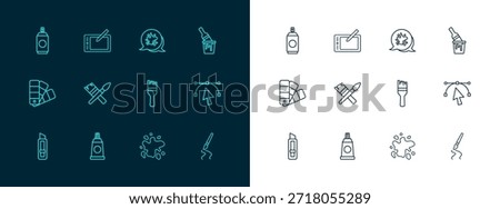 Set line Paint bucket with brush, Tube paint palette, spray, can and Graphic tablet icon. Vector