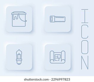 Fijar línea cubo de pintura, sierra de mano, lámpara de luz y plan de casa. Botón cuadrado blanco. Vector