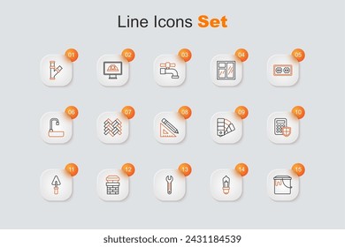 Set line Paint bucket, Light bulb, Wrench spanner, Chimney, Trowel, Security keypad access panel, Color palette guide and Triangular ruler and pencil icon. Vector