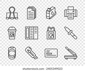 Set line Paint bucket, Paper cutter, Printer ink cartridge, Stationery knife, Binder clip, Brochure, Business card and Pipette icon. Vector