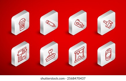 Set line Paint bucket, Pencil with eraser, Stationery knife, brush, 3D printer, Coffee cup to go, Stamp and Copy machine icon. Vector