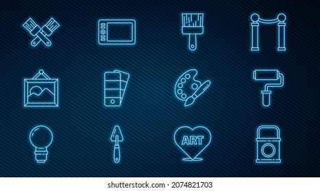 Set line Paint bucket, roller brush, Palette, Picture landscape, Crossed paint, with palette and Graphic tablet icon. Vector