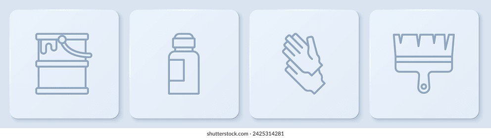 Set line Paint bucket, Rubber gloves, Paint, gouache, jar, dye and brush. White square button. Vector