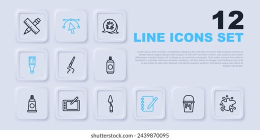 Set line Paint bucket, spray, brush, Notebook, Graphic tablet, Bezier curve and Palette knife icon. Vector